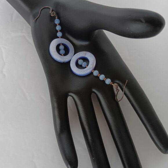 Handmade Periwinkle Blue Earrings With Dyed Shells and Banded Agate Beads - Picture 15 of 16